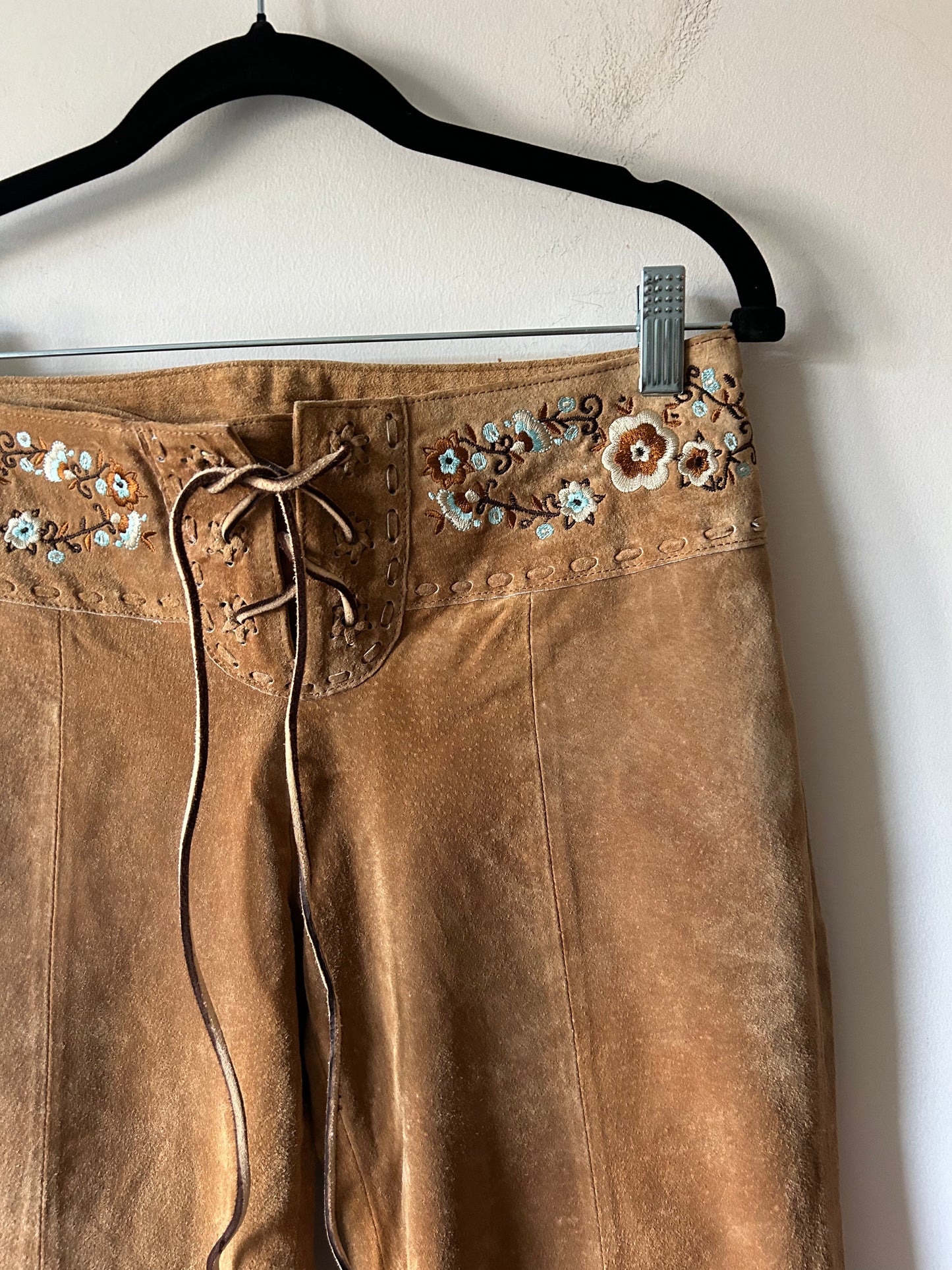 brown suede lace up pants with floral embroidery