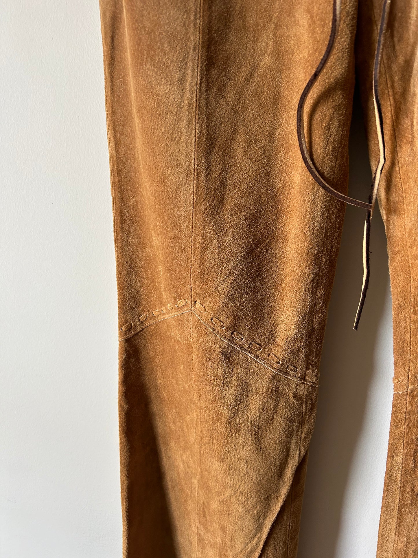brown suede lace up pants with floral embroidery
