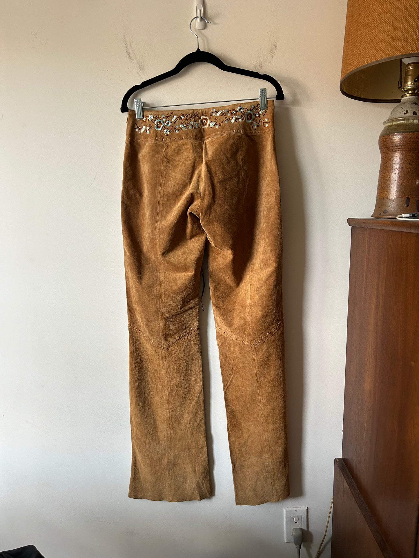 brown suede lace up pants with floral embroidery