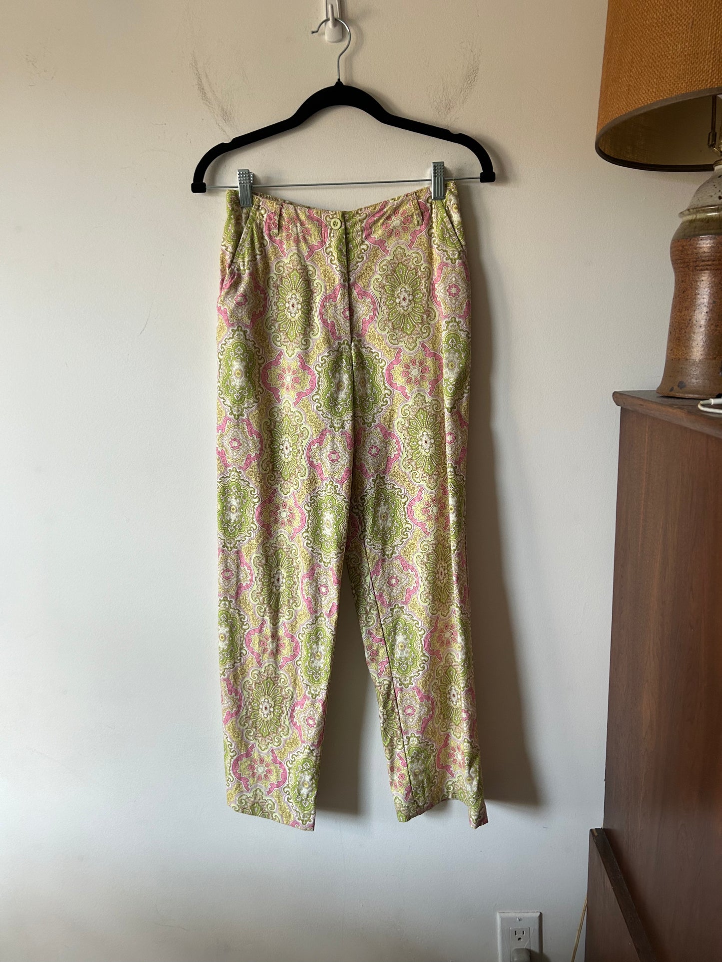 pink and lime green patterned pants