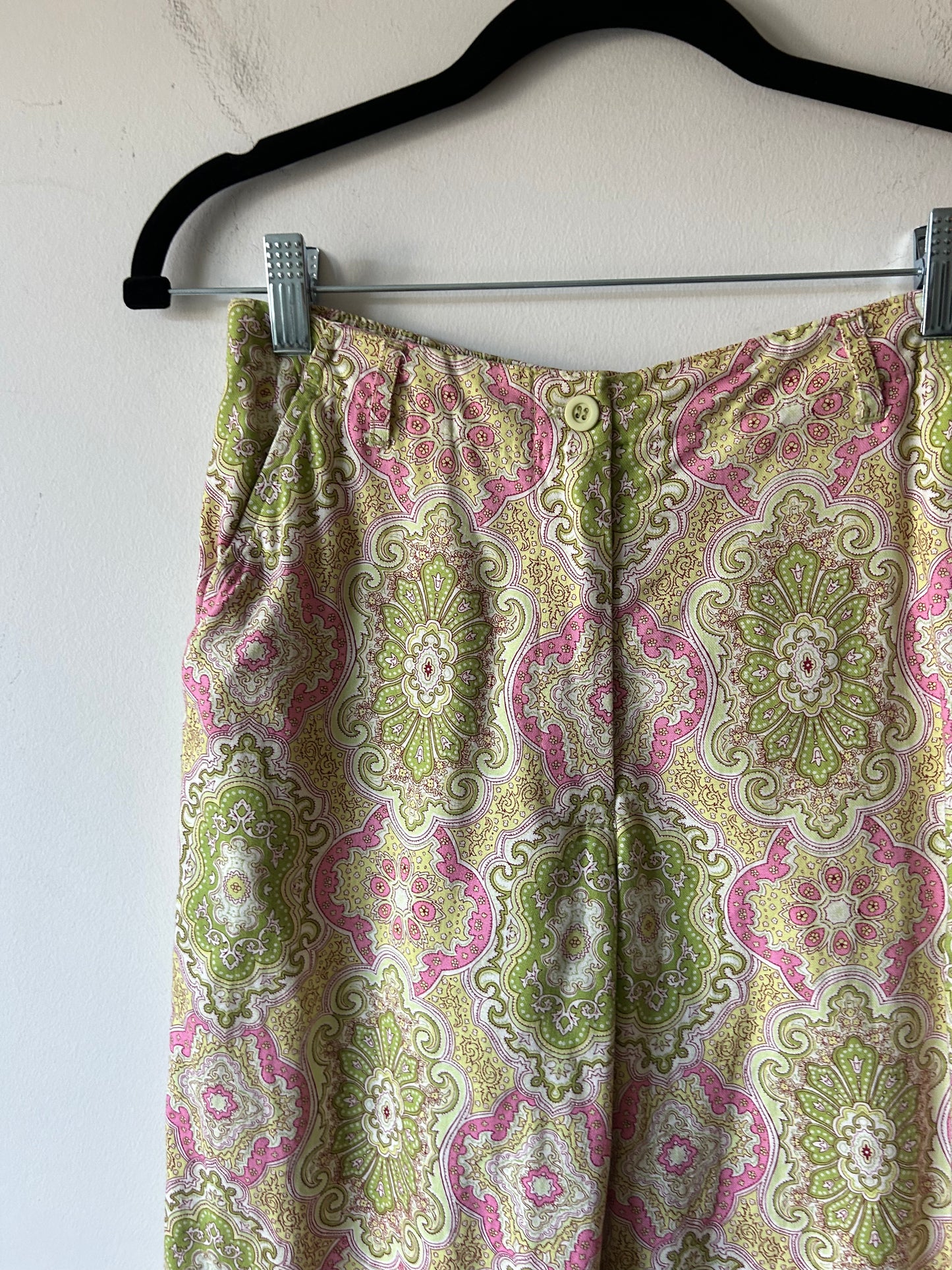 pink and lime green patterned pants