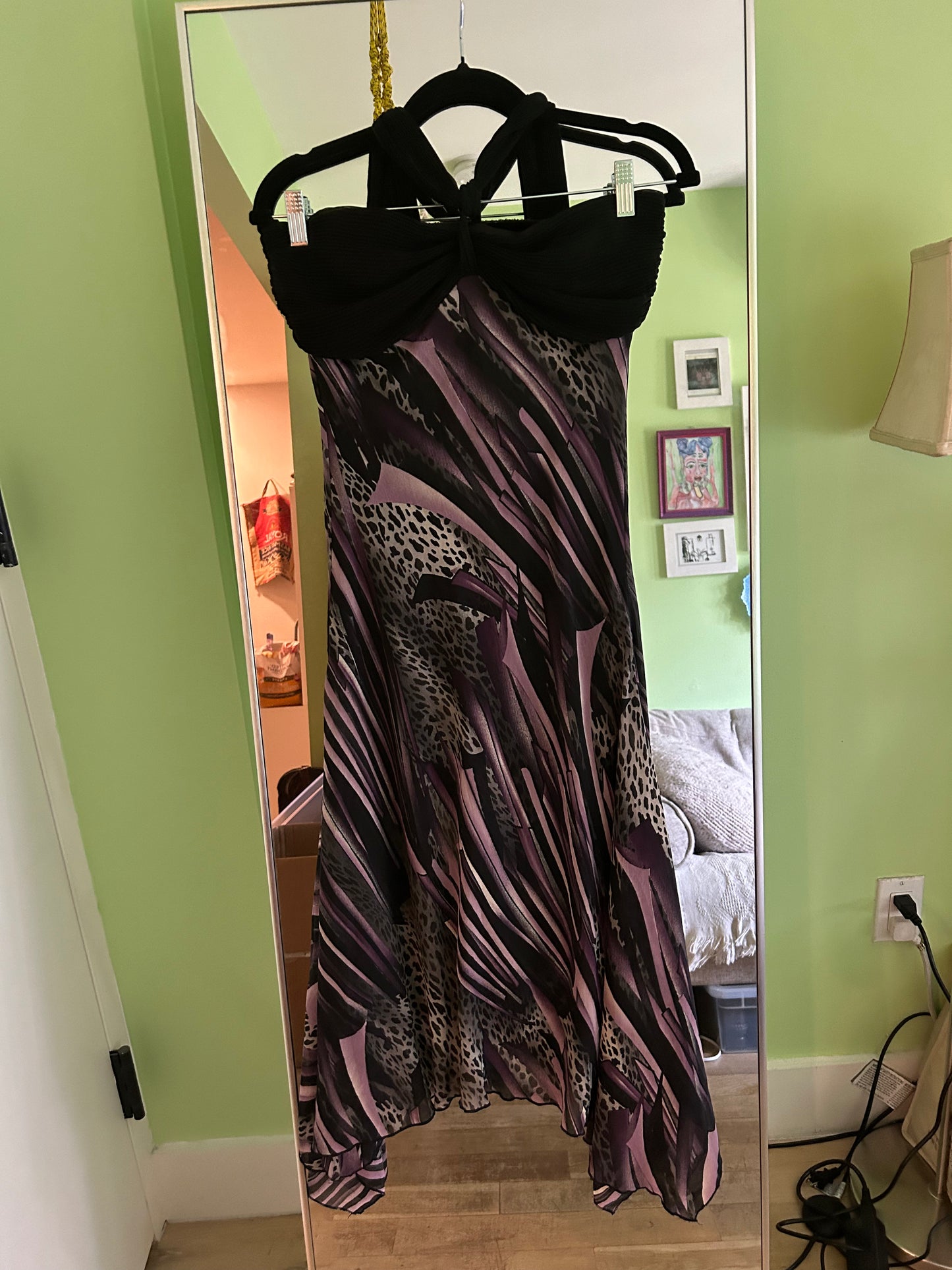 y2k full length purple stripe and leopard print dress