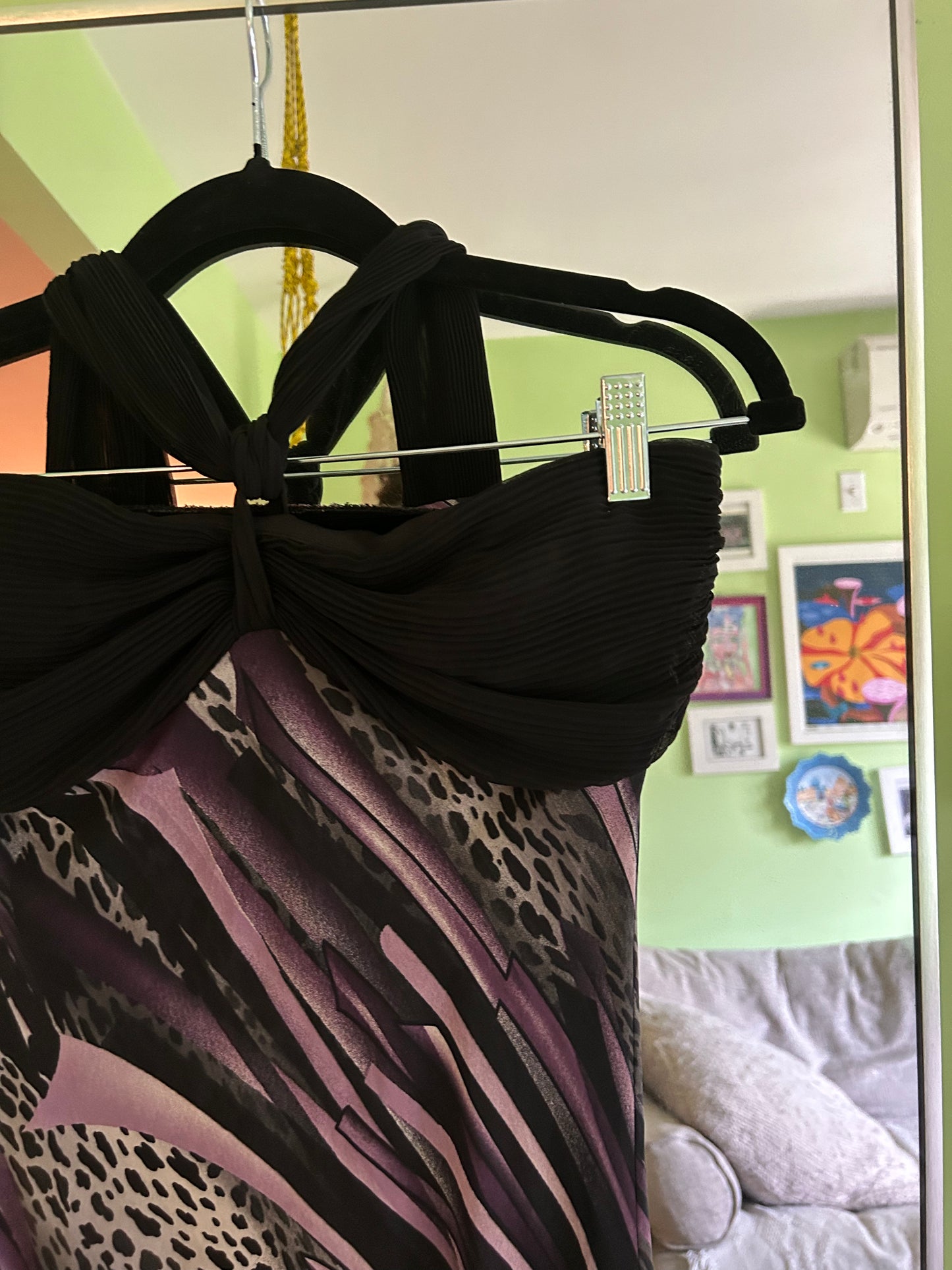 y2k full length purple stripe and leopard print dress