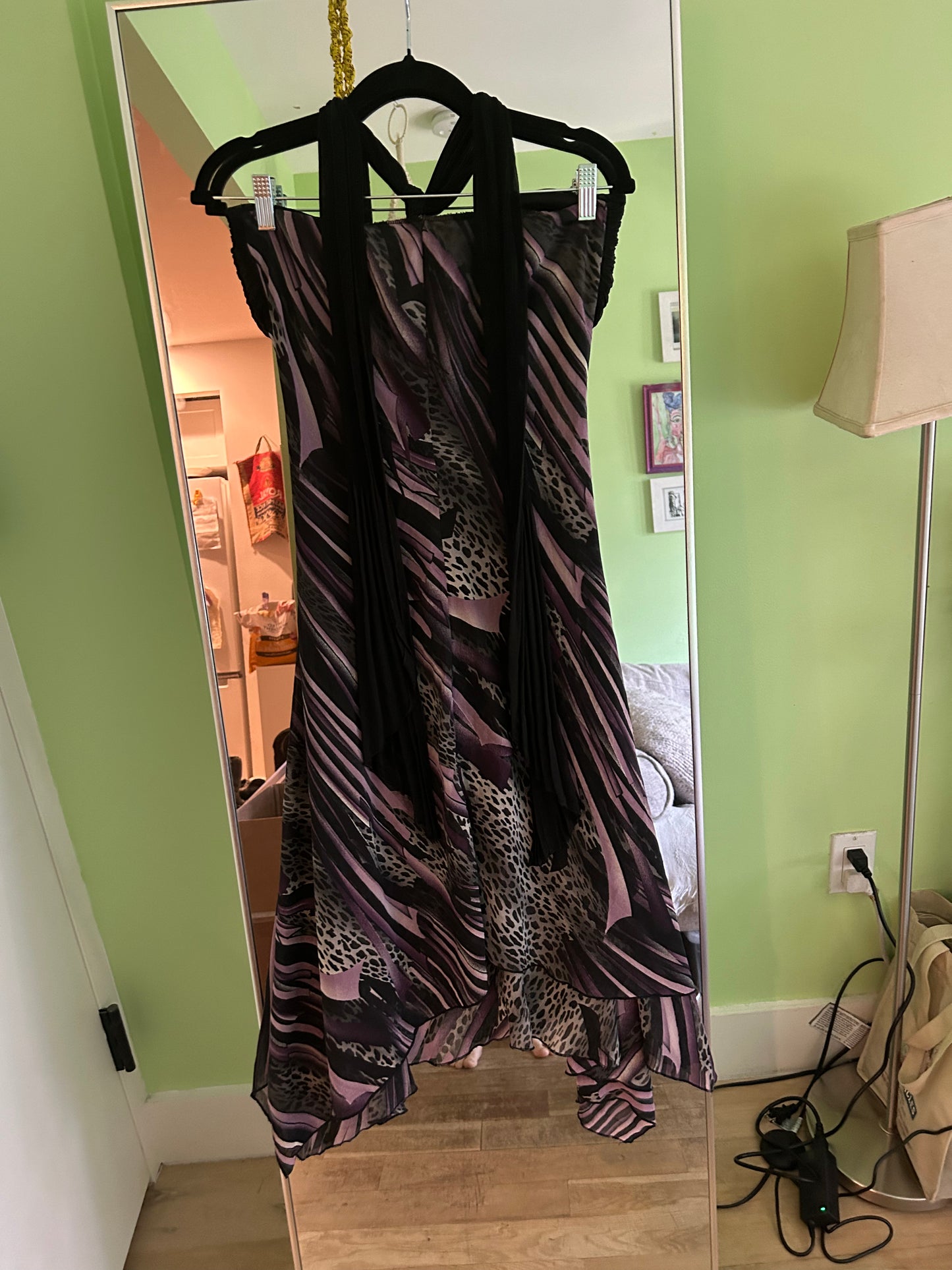 y2k full length purple stripe and leopard print dress