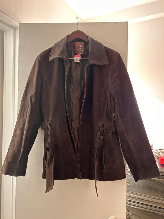 Brown suede jacket with tie