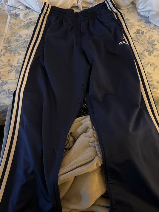 Navy adidas track pants three white stripe
