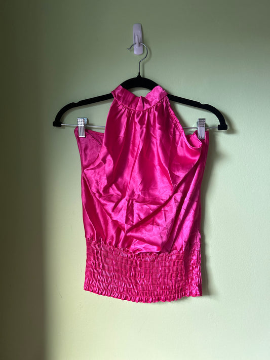 Vintage Satin Halter top with Smocking in bright pink