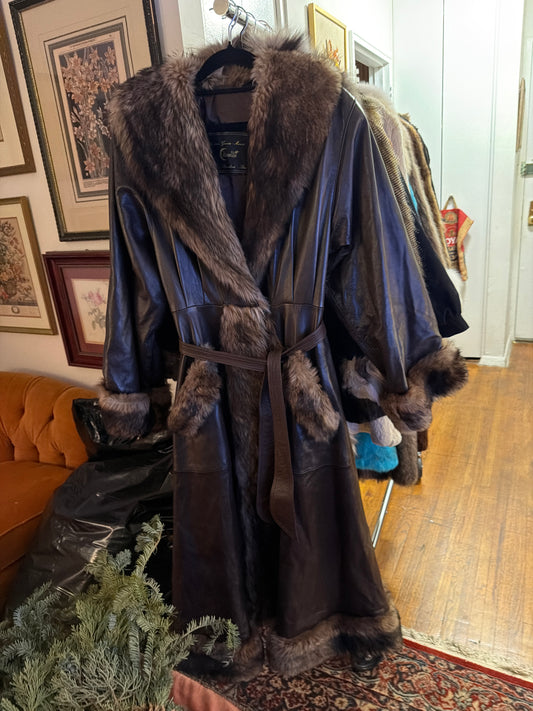 Brown leather raccoon jacket JM 30