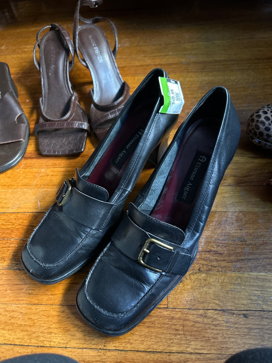 Etienne Aigner black leather heeled loafers