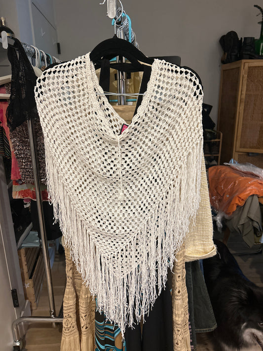 crochet fringed white glitter poncho