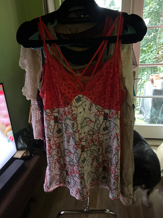 Red mesh tank top with chain print