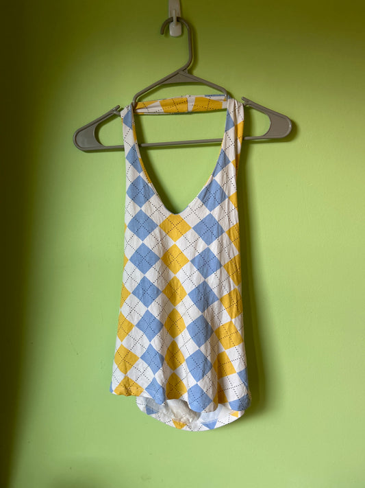yellow/blue argyle halter top