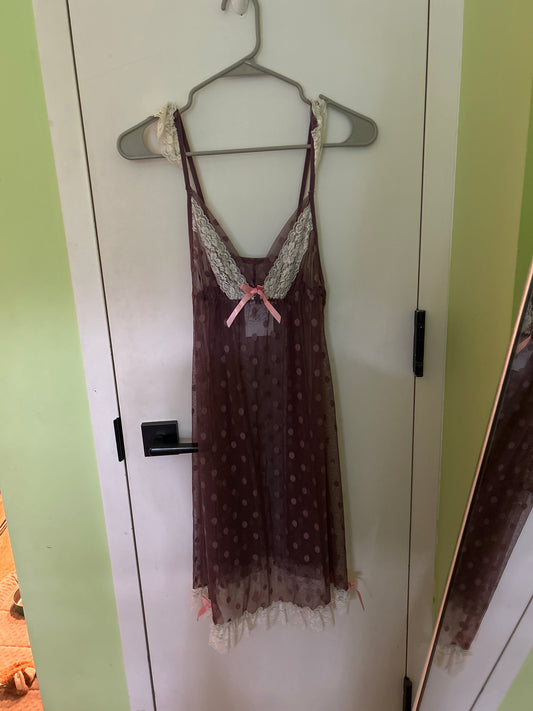 Purple slip dress with white lace