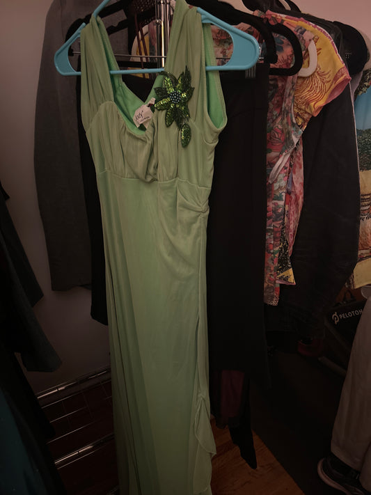 Lime green maxi dress with floral embellishment