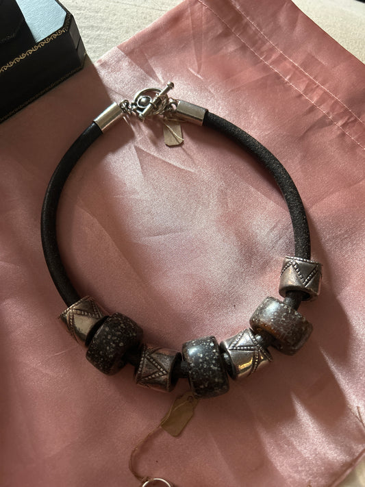 CG Sterling Silver and Stone Thick Black Cord Necklace