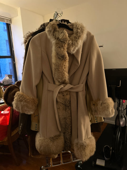 JM tan wool/coyote fur coat 196