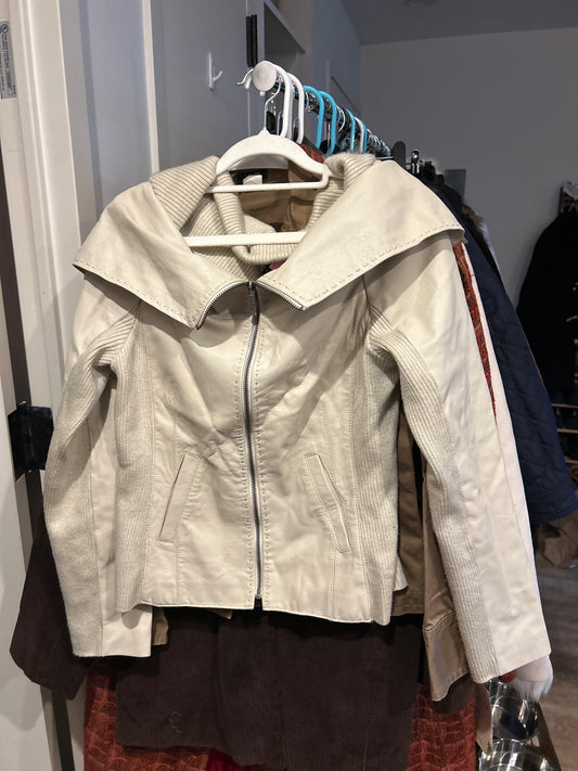 BCBG off white leather/knit jacket