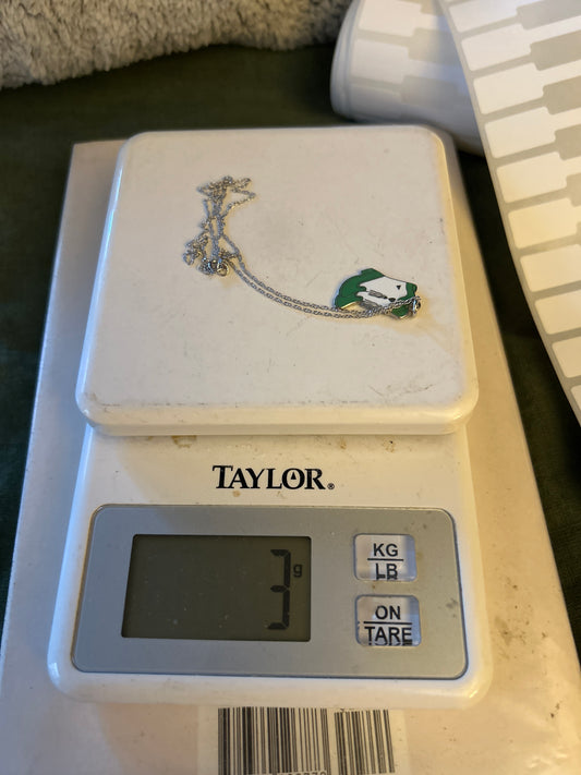 Green and white cowboy boot necklace 01506V