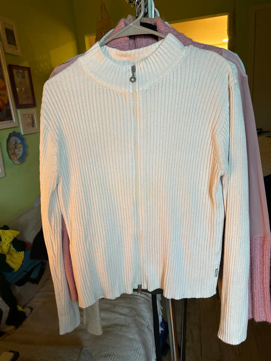 White knit double zip cardigan