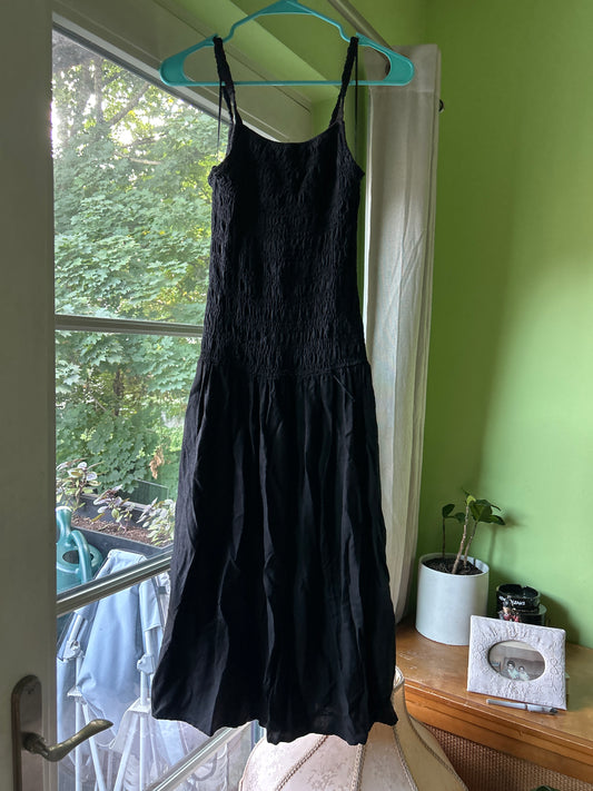 black smocked drop waist dress
