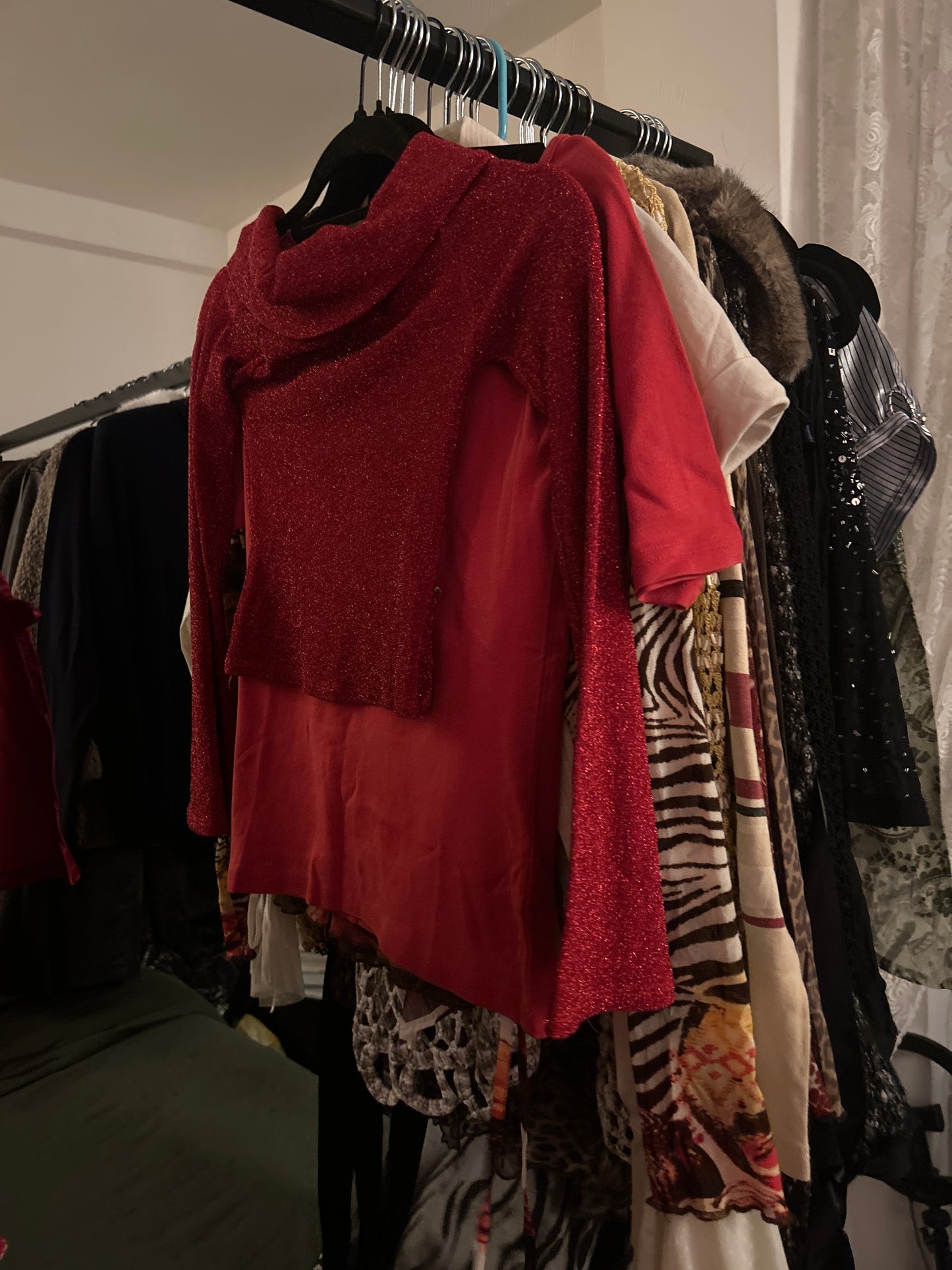 Red shimmer off shoulder top