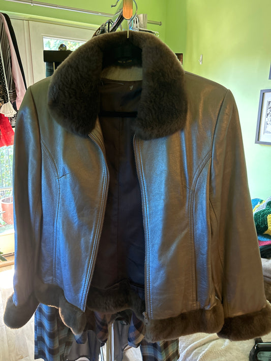 Taupe jacket with beaver fur trim