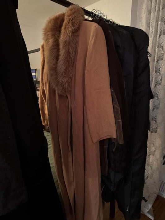 Camel coat with fur trim