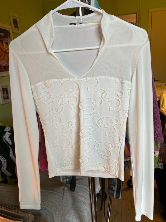 White mixed media mesh/crochet top