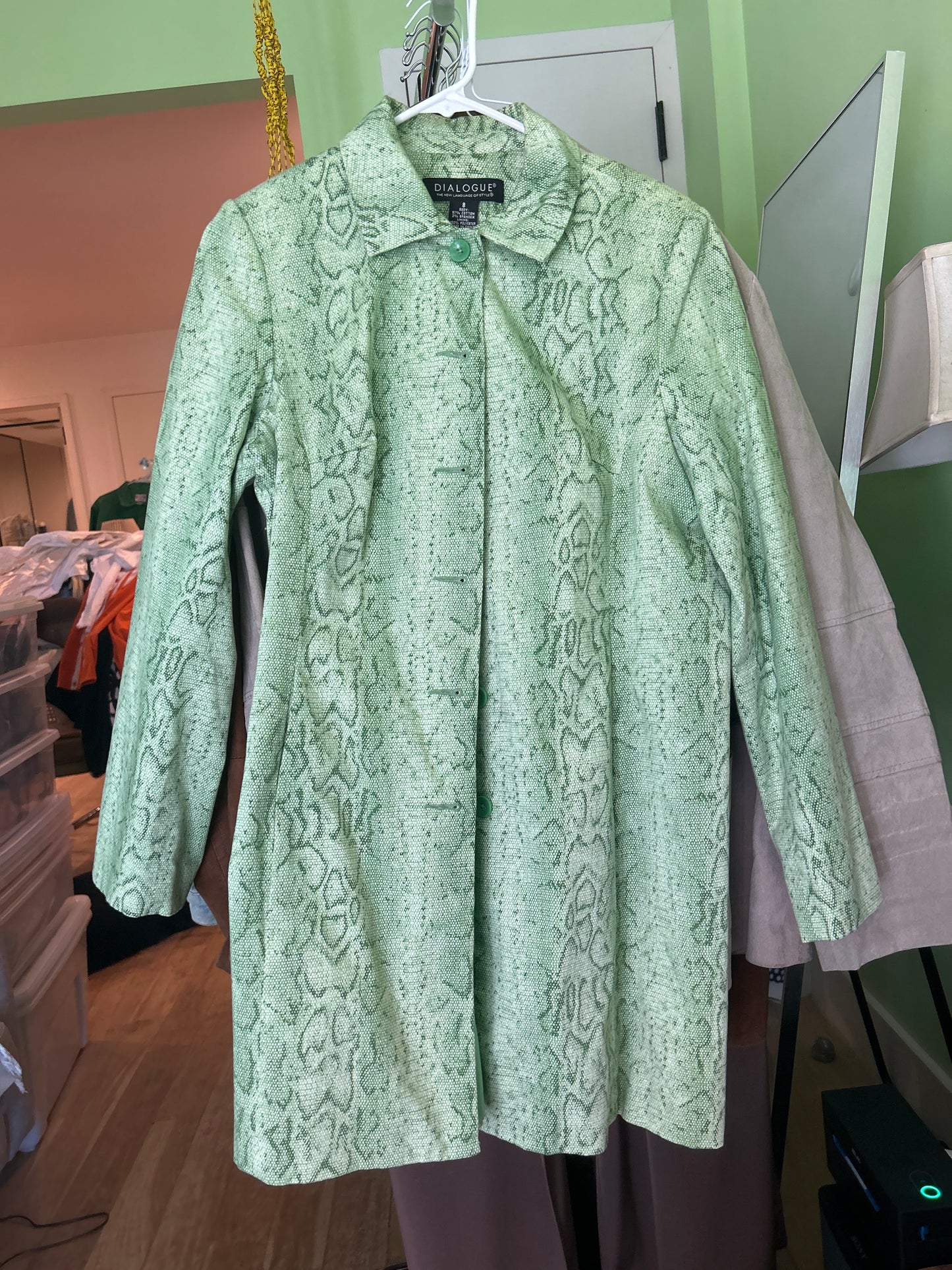 Green snake print trenchcoat