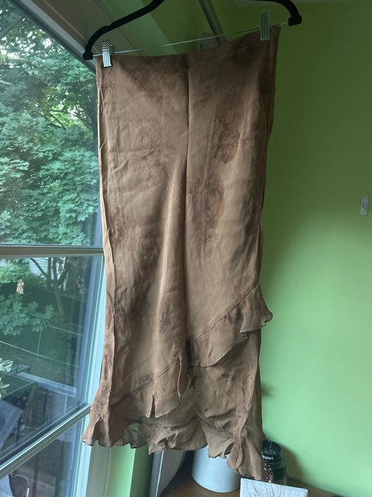 brown floral skirt with ruffle hem