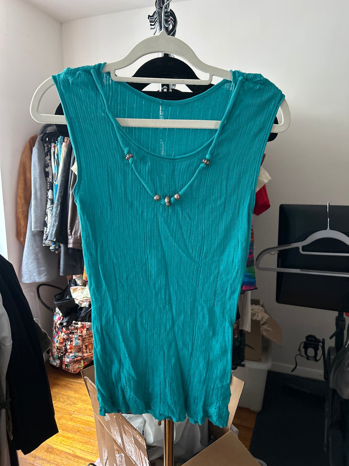 Teal tank top with beading