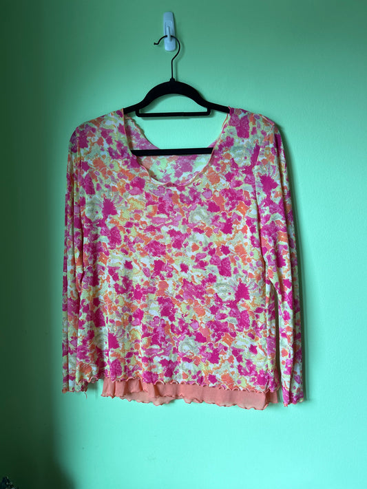 abstract floral print top with lettuce hem