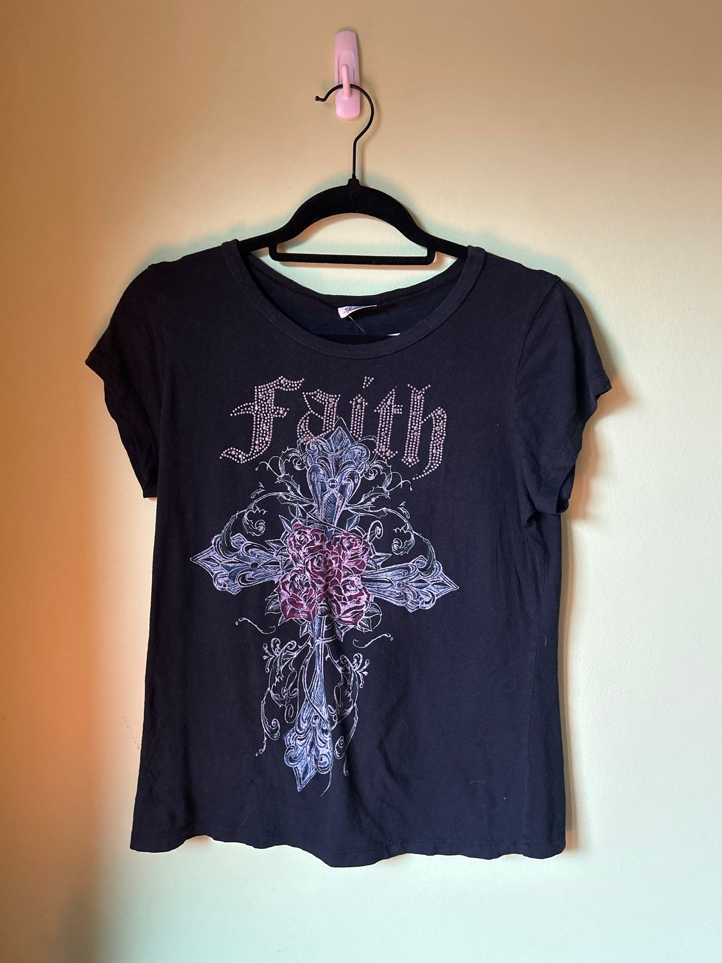 Y2K Vocal Faith Black T-Shirt with Rhinestones