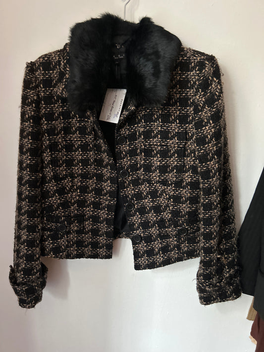 JM brown black tweed blazer w fur 109