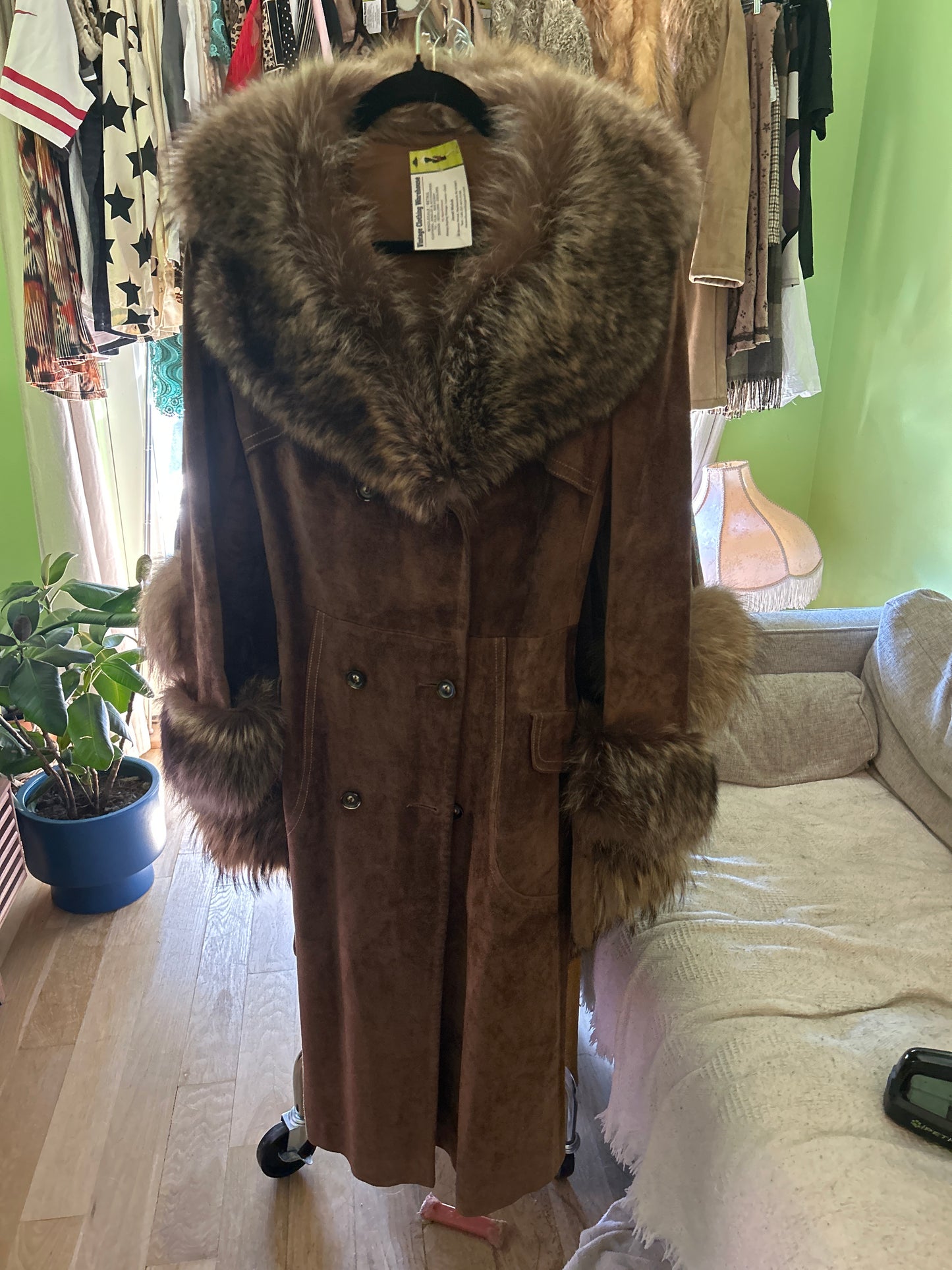 Brown suede trench coat w raccoon trim