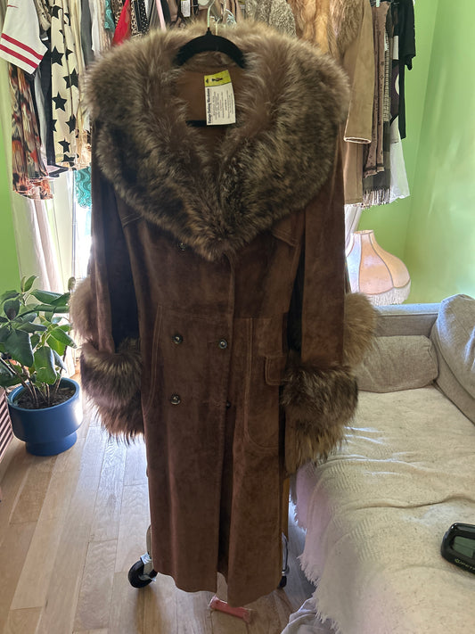 Brown suede trench coat w raccoon trim