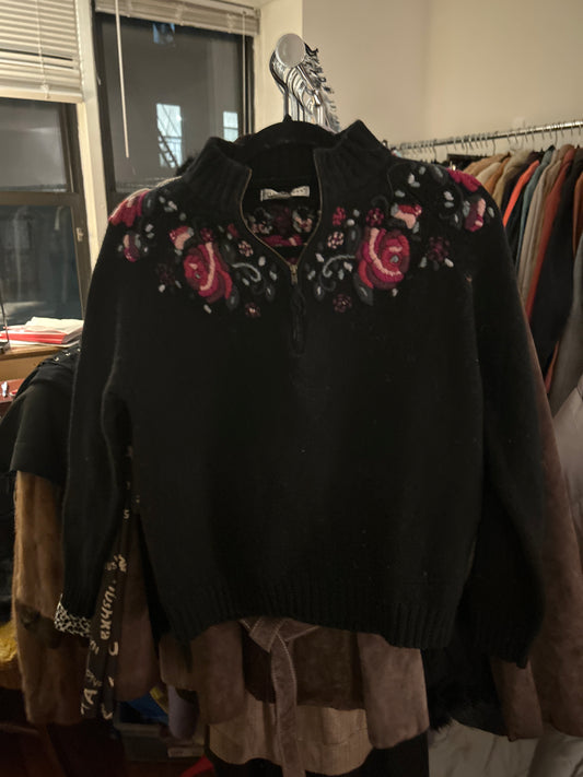 Jillian Jones lambs Will black sweater with rose detail