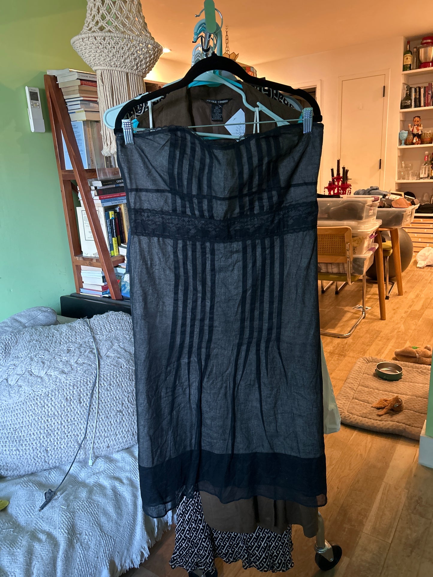 strapless black dress with lace and faux boning