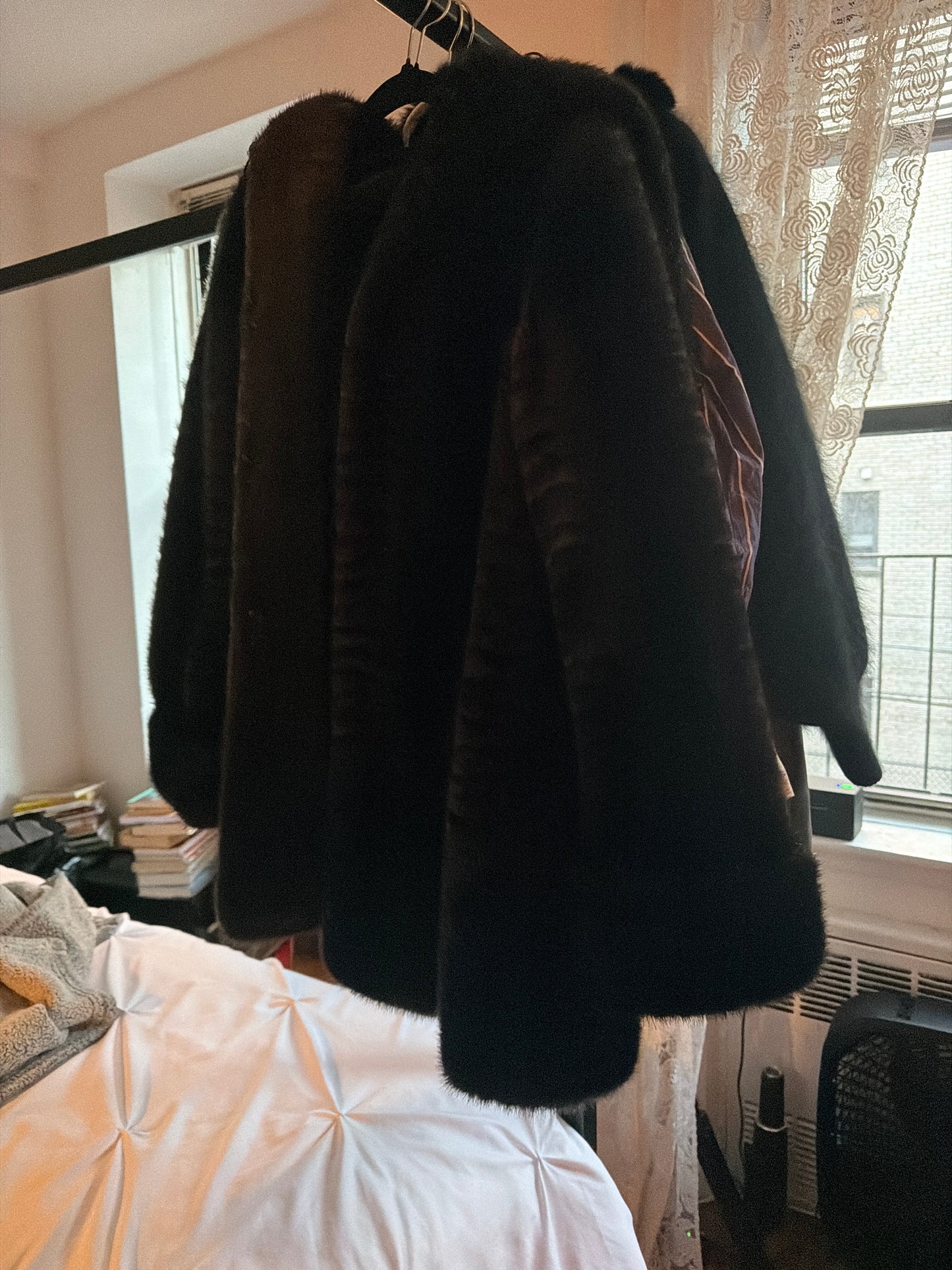 Striped faux fur coat with hood