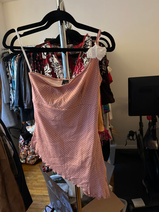 Asymmetric pink and white polkadot tank top with butterfly