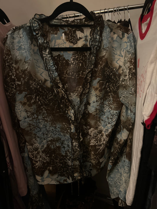 Brown and blue sheer floral top