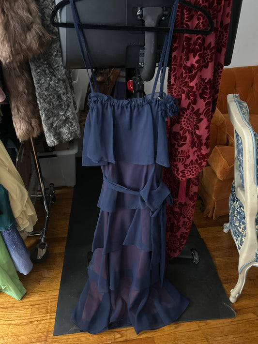 Blue tiered dress with waist tie