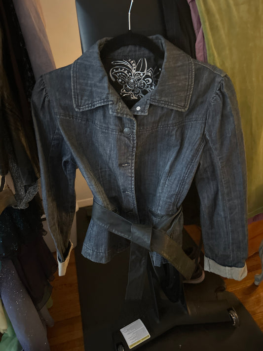 Dark denim jacket with waist tie