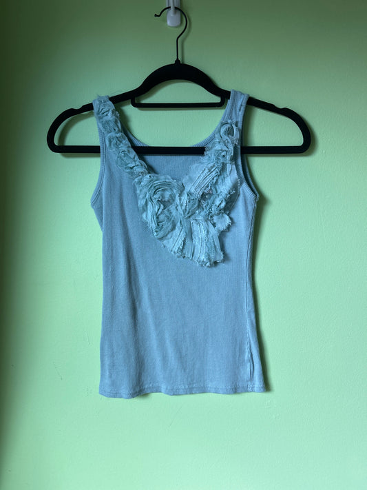 blue ribbed tank top with floral detailing
