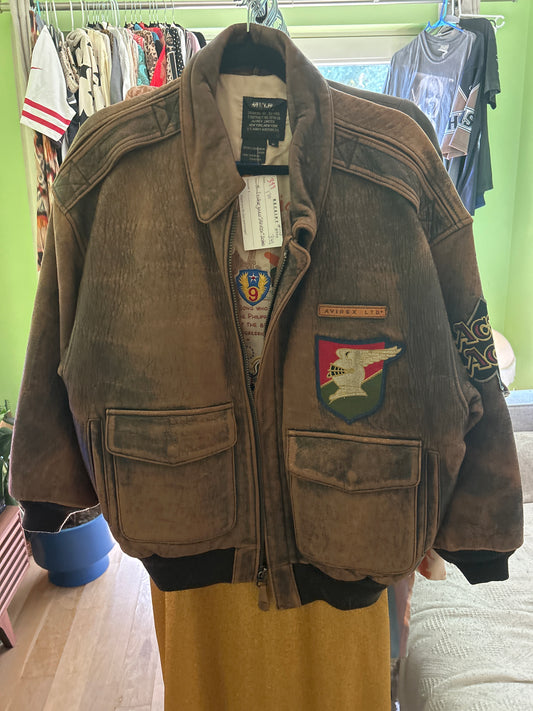 Brown leather distressed bomber