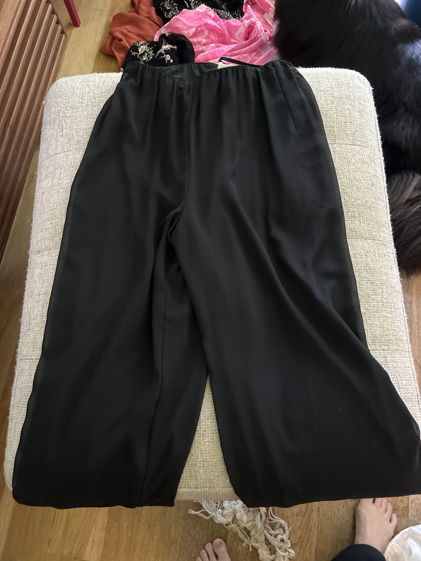 Black pants with sheer overlay