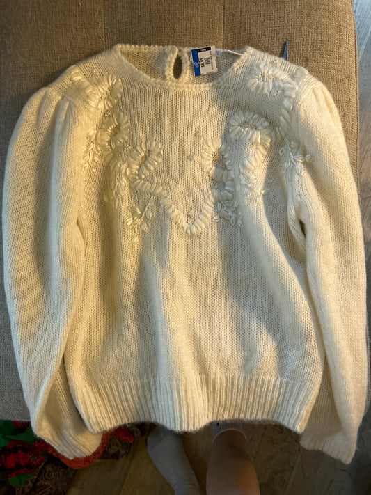 White knit sweater w pearls
