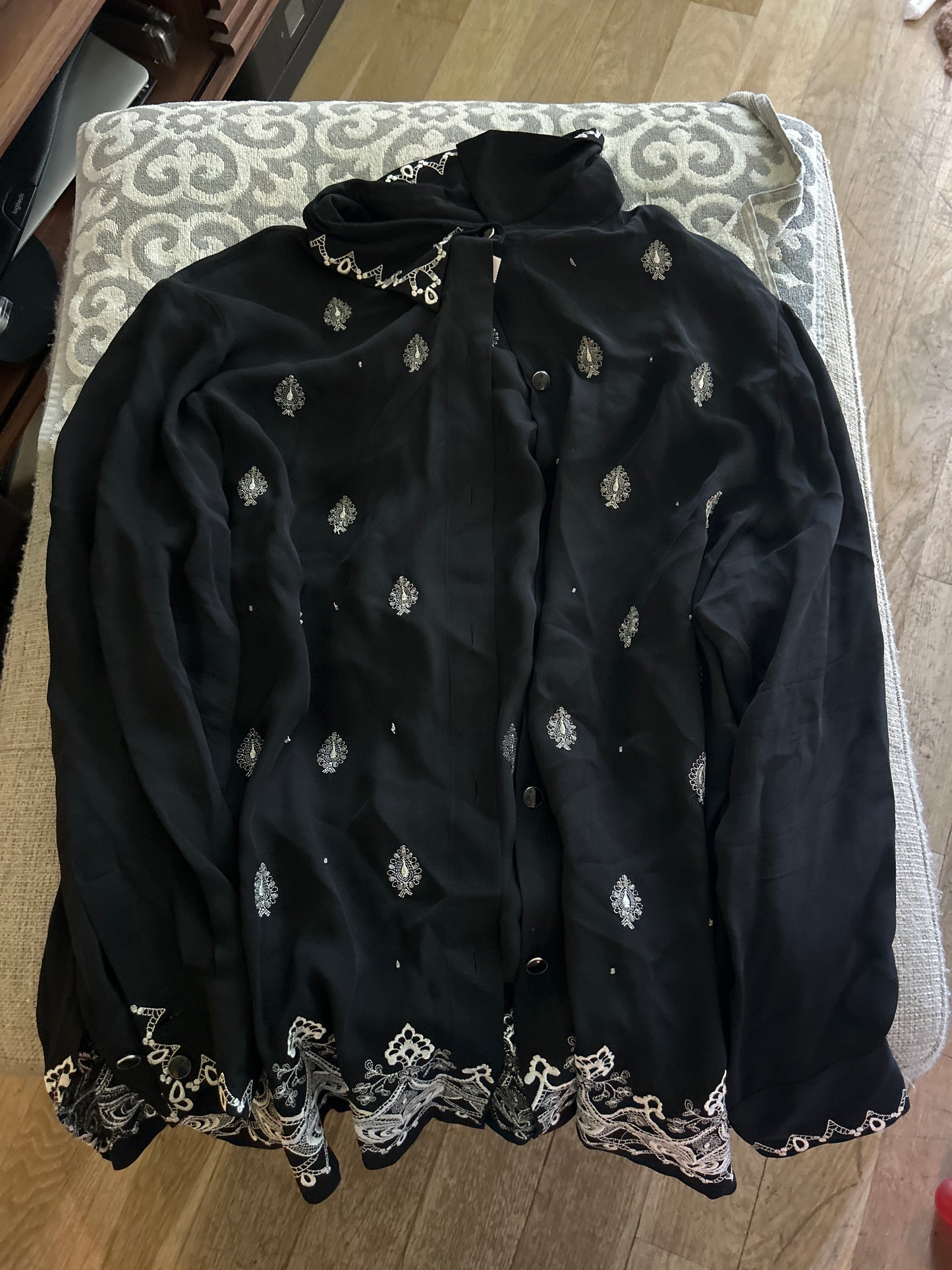 Black silk button up with white embroidery