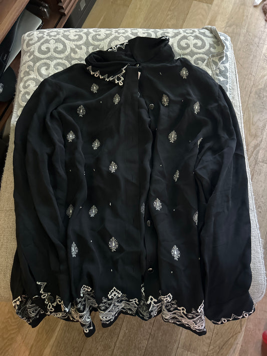 Black silk button up with white embroidery