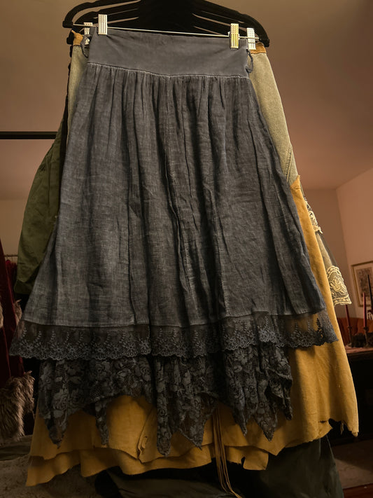 Blue cotton skirt with lace hem